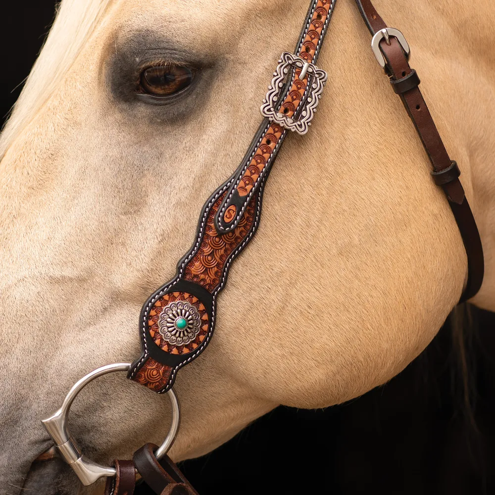 Padded Leather Browband Set Hand-Tooled Leather Horse Tack Set - Sunflower Browband Headstall & Breastcollar With Crystals Sunflower Browband Breastcollar Set - View #10