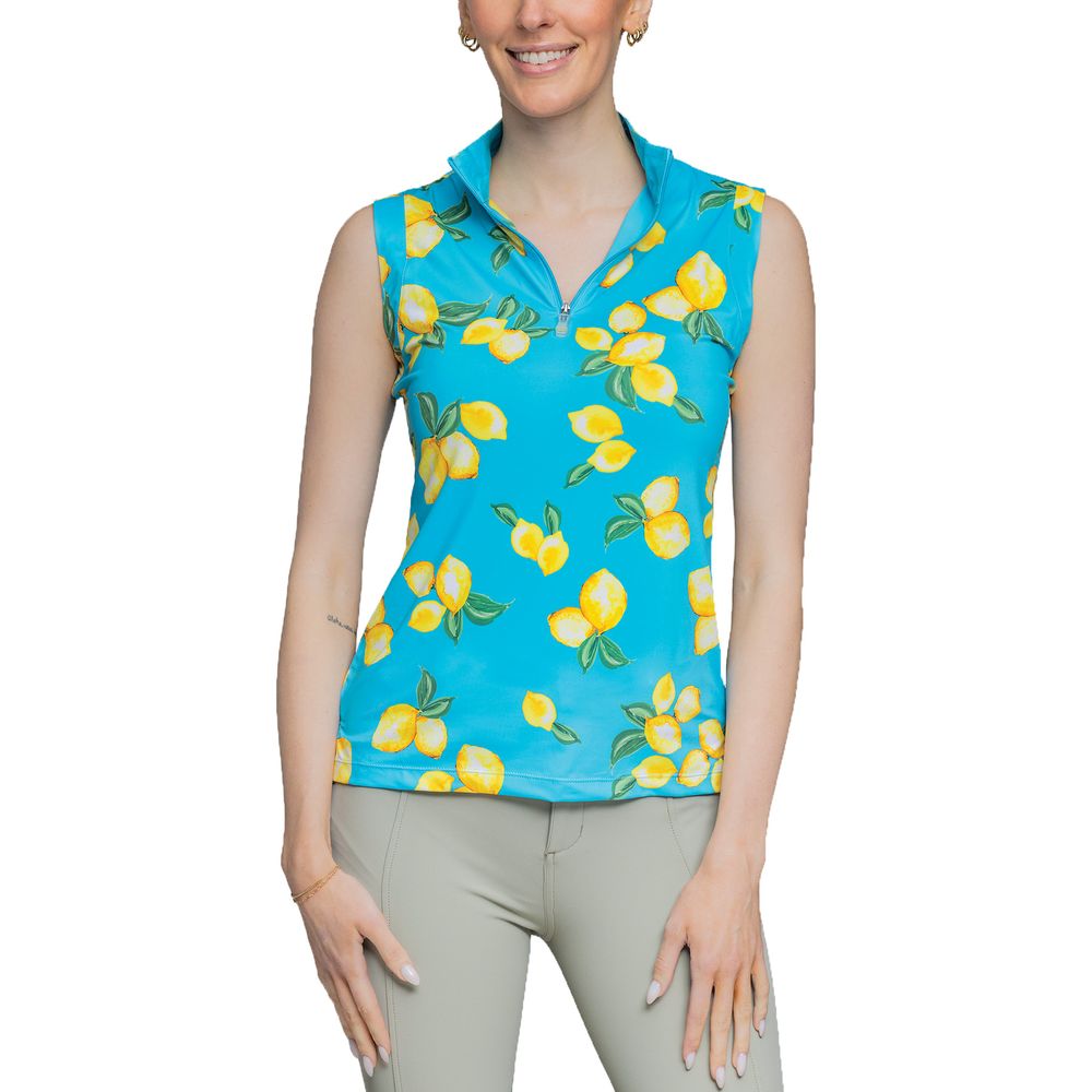 Kastel Denmark Ladies Navy Rosebuds Ruched Back 1/4 Zip Sleeveless Shirt